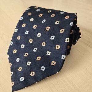Canali Navy Silk Tie with Orange and Light Gray Geometric Dots